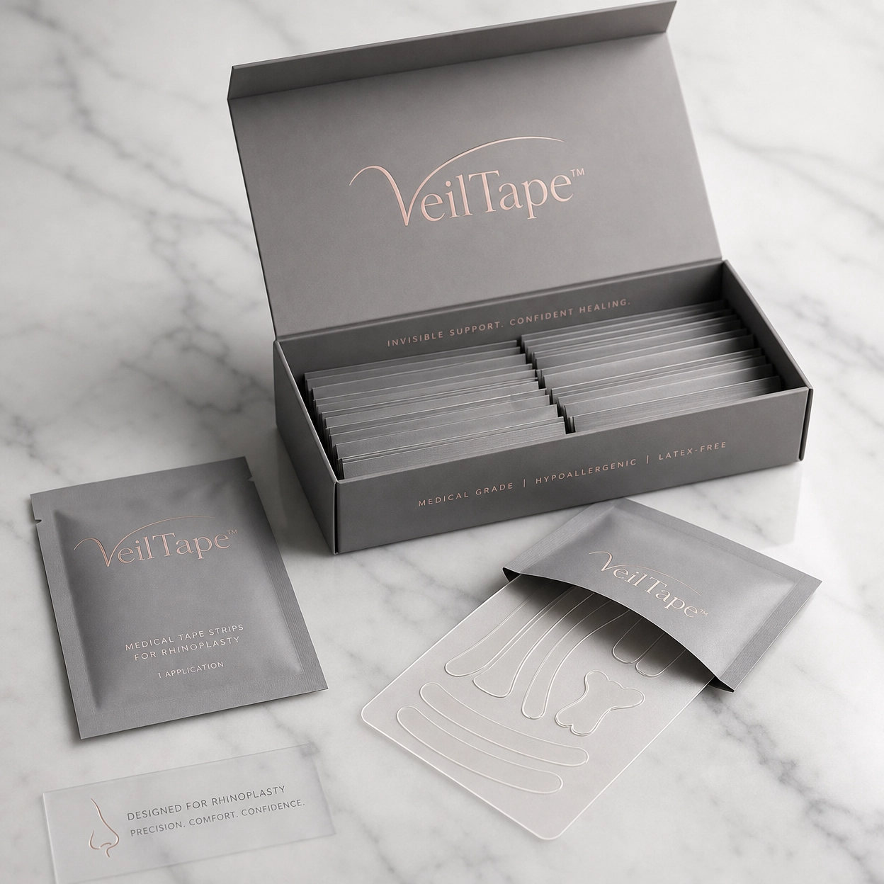 Close-up of transparent VeilTape™ material — nearly invisible against skin